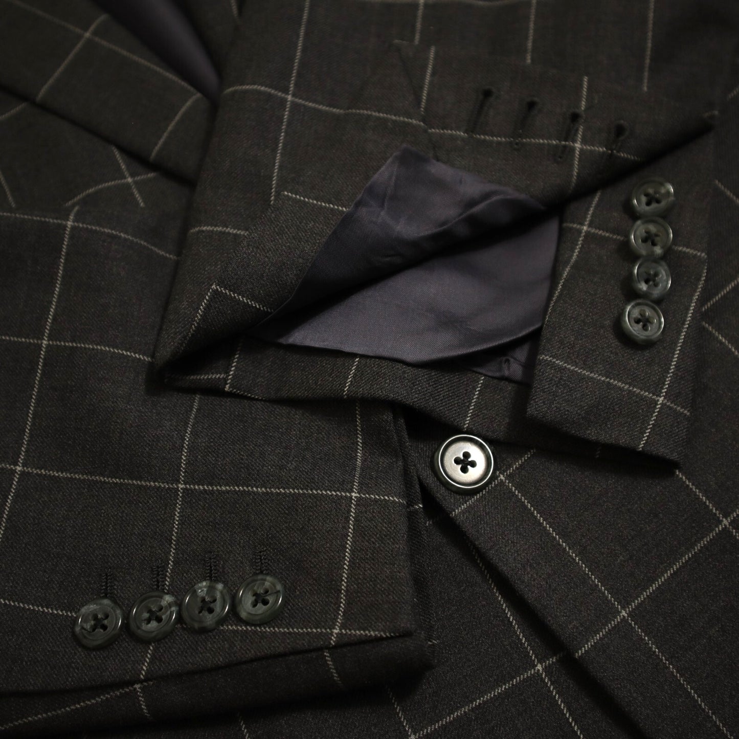 Bespoke Tom James X Holland Sherry 2 Piece Suit 40L Charcoal Windowpane Functional Cuffs Dual Vent
