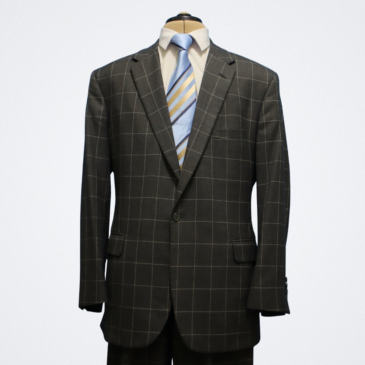 Bespoke Tom James X Holland Sherry 2 Piece Suit 40L Charcoal Windowpane Functional Cuffs Dual Vent