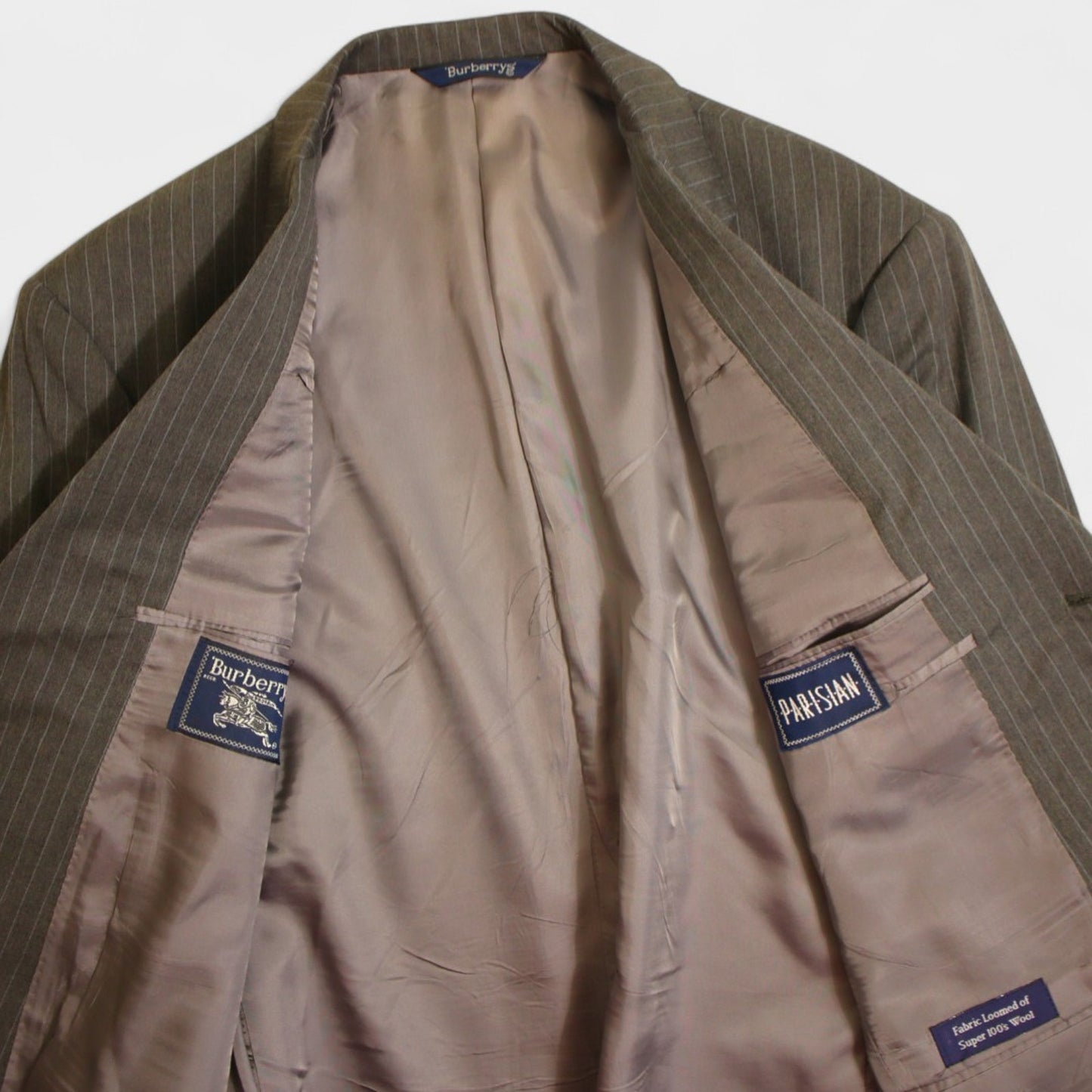 Burberrys 2 Piece Suit 42L Gray Pinstripe Super 100s Wool Pleated 3 Button