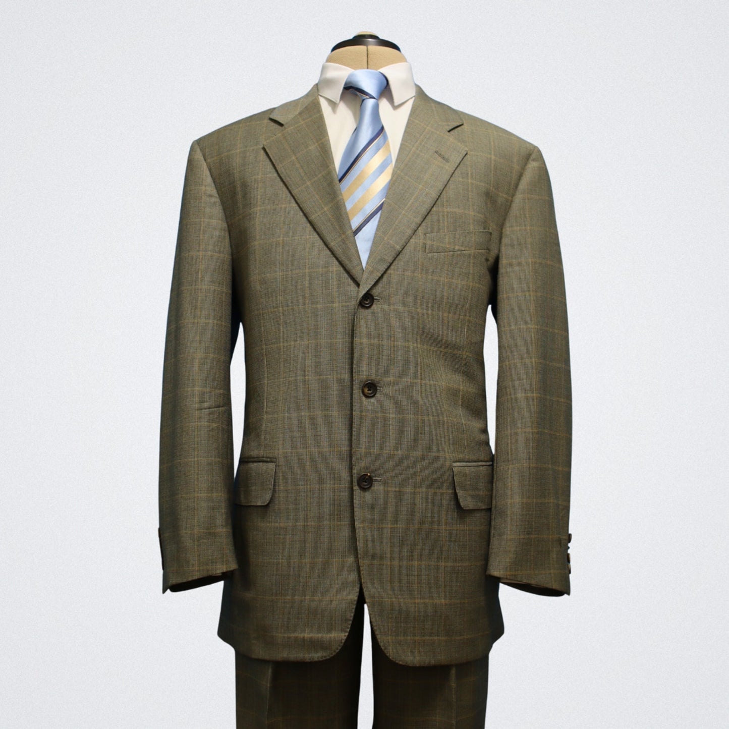 Tailored Samuelsohn Suit 42R Gray Windowpane Super 120s Wool Double Vent Front