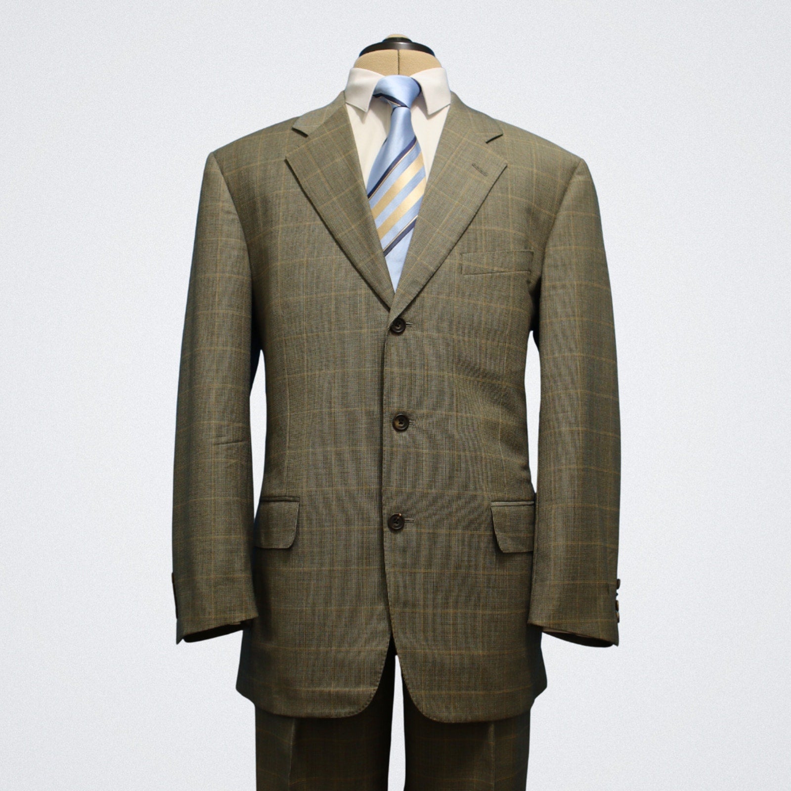 Tailored Samuelsohn Suit 42R Gray Windowpane Super 120s Wool Double Vent Front