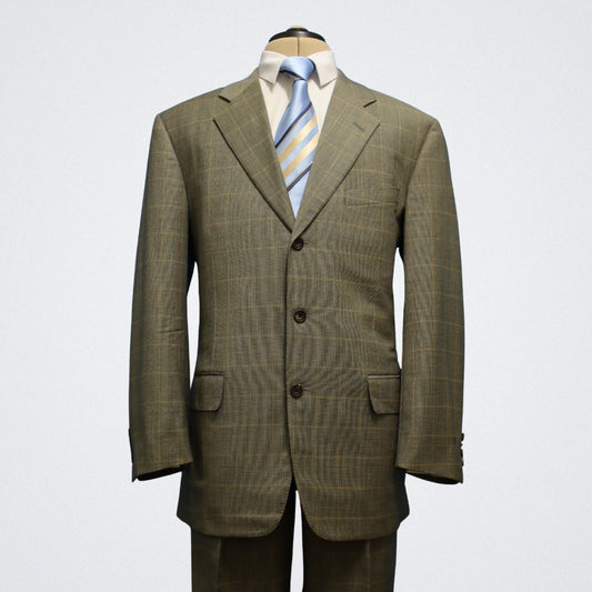 Tailored Samuelsohn Suit 42R Gray Windowpane Super 120s Wool Double Vent Front