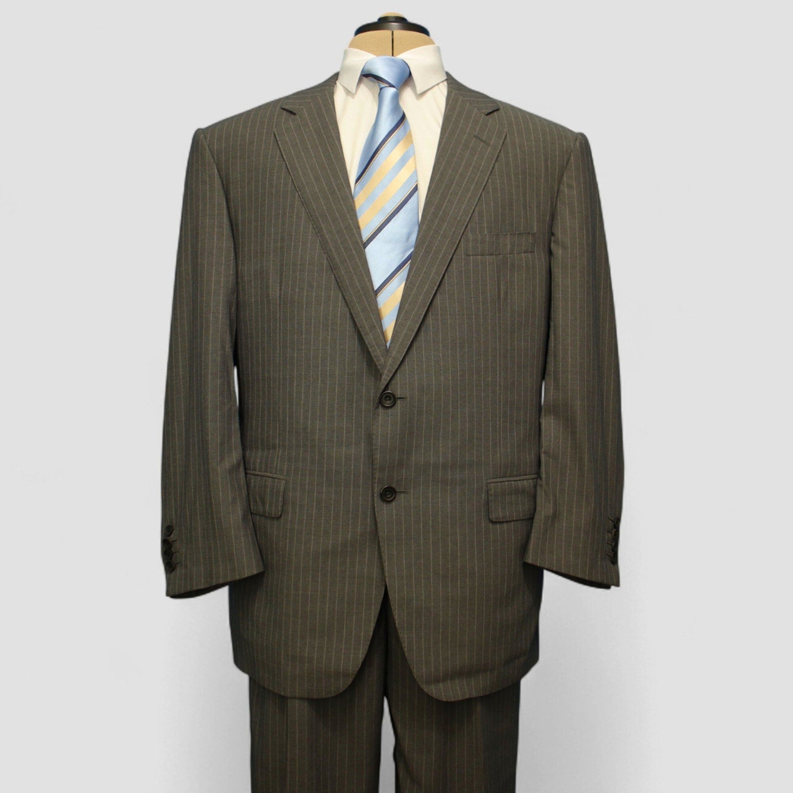 Samuelsohn Collection 2 Piece Suit 46R Gray Stripe Wool Dual Vent Surgeon Cuff Front