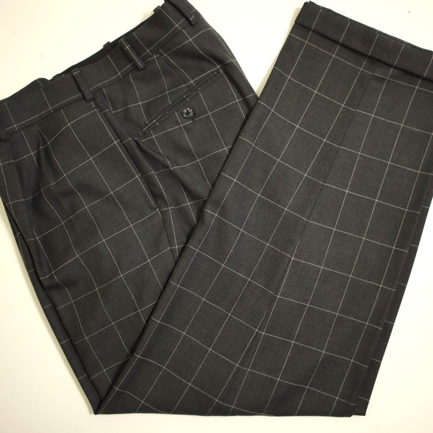 Bespoke Tom James X Holland Sherry 2 Piece Suit 40L Charcoal Windowpane Functional Cuffs Dual Vent