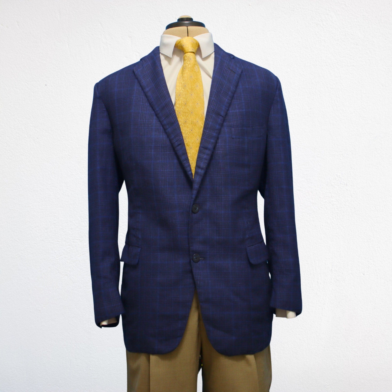 Paul Stuart Sport Coat 45L Royal Blue Plaid Linen