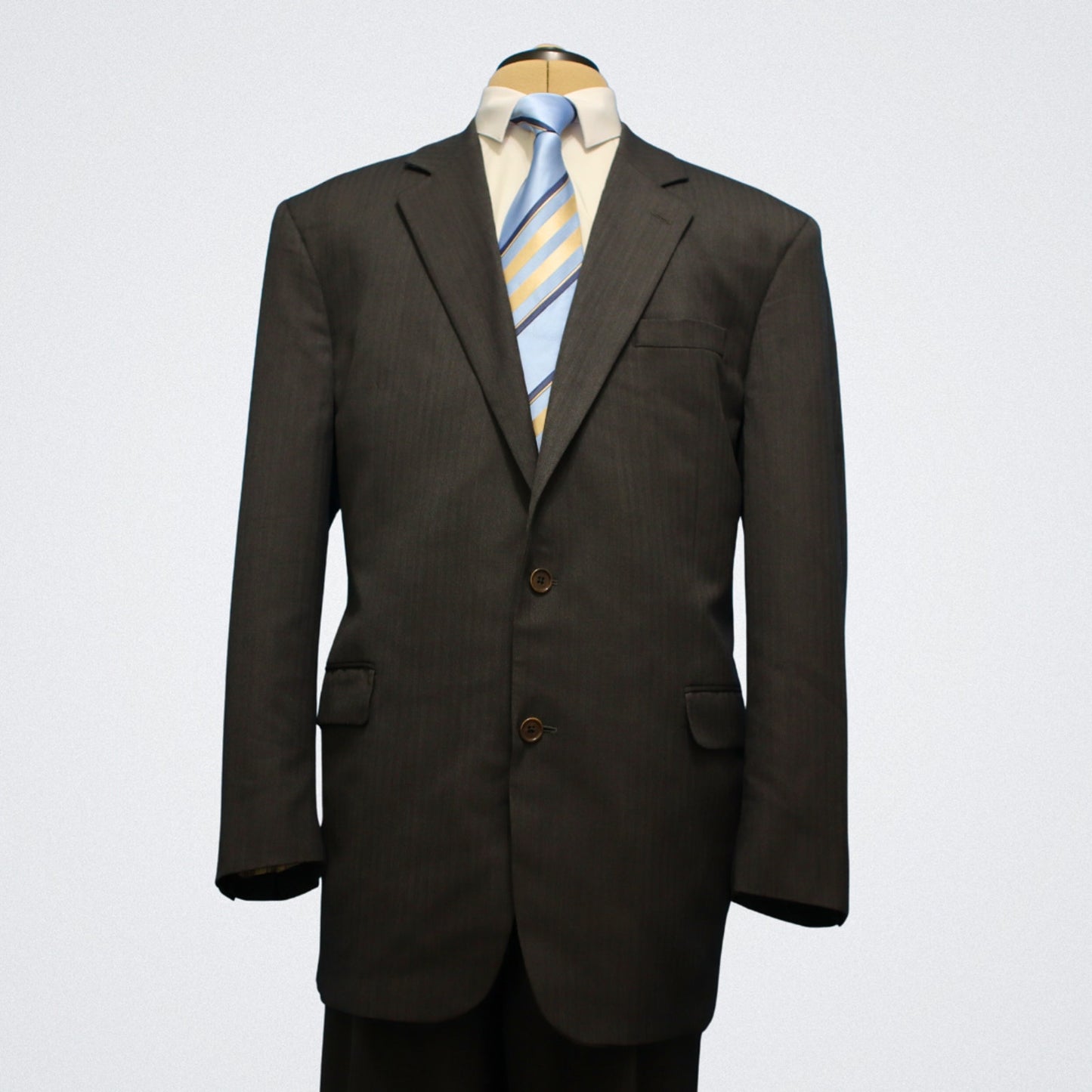 Brooks Brothers Madison X Saxxon 2 Piece Suit 44L Charcoal Tonal Herringbone Pleated Front