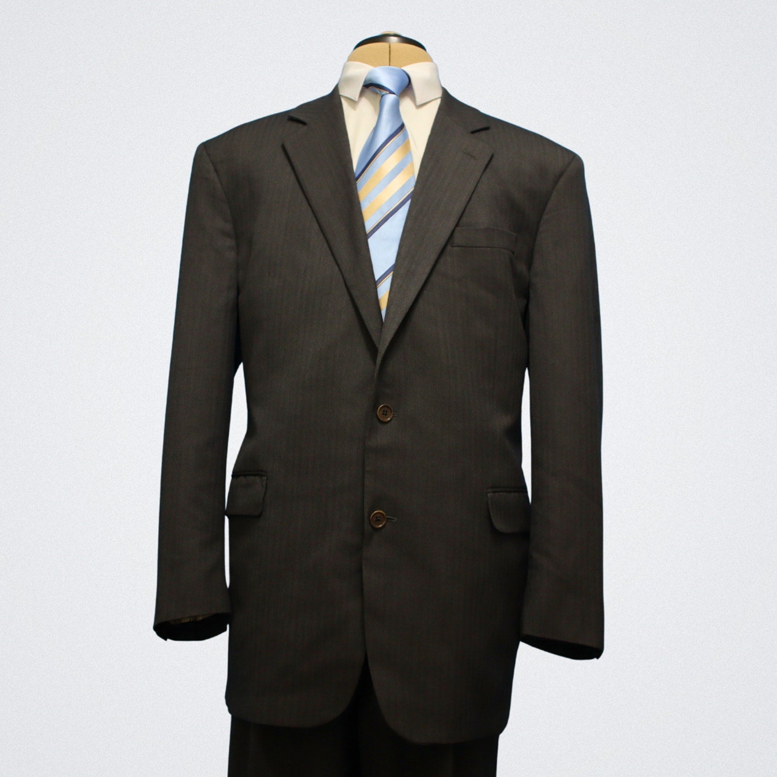 Brooks Brothers Madison X Saxxon 2 Piece Suit 44L Charcoal Tonal Herringbone Pleated Front