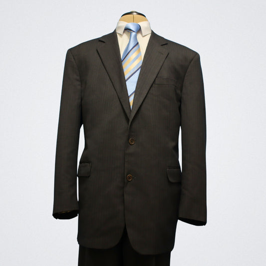 Brooks Brothers Madison X Saxxon 2 Piece Suit 44L Charcoal Tonal Herringbone Pleated Front