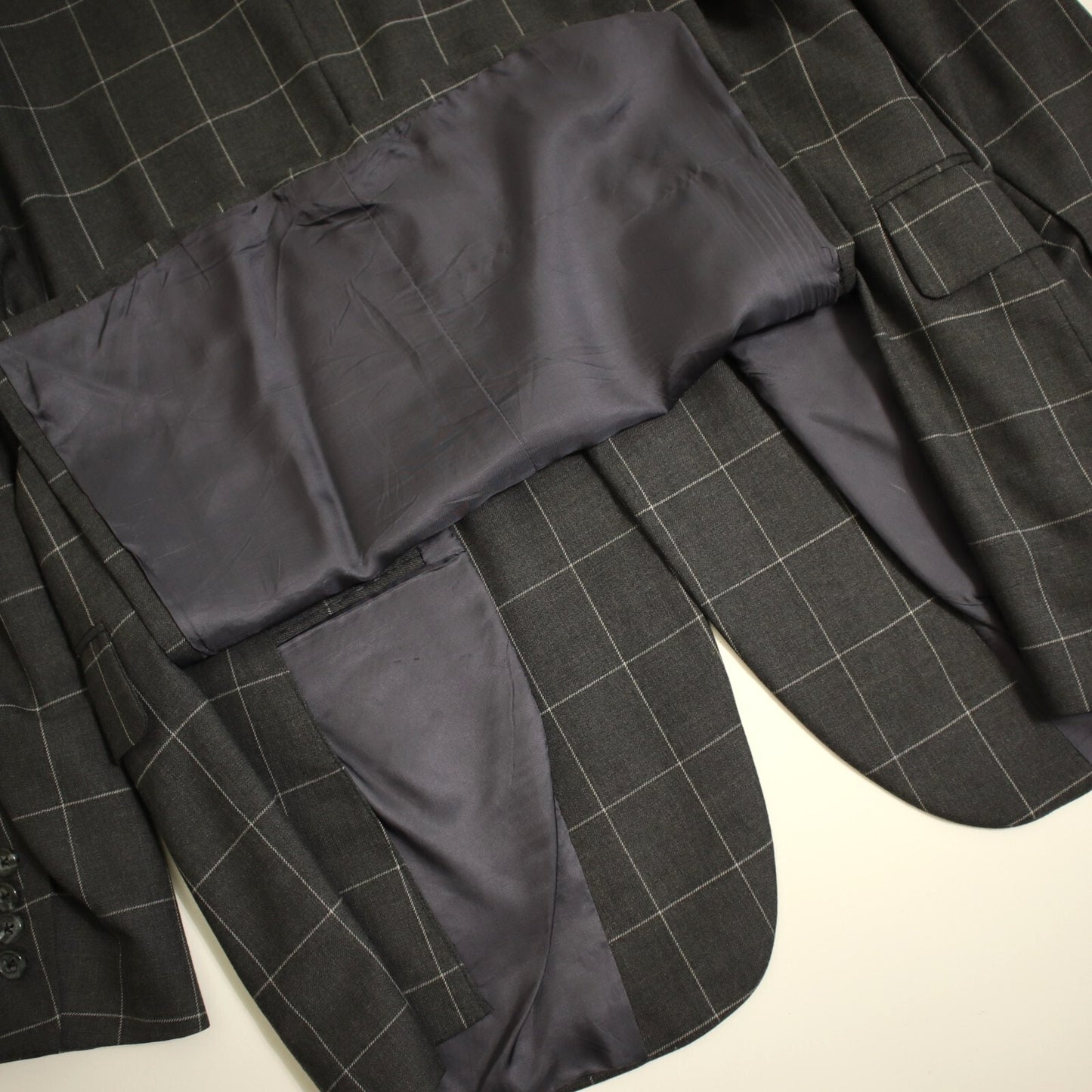 Bespoke Tom James X Holland Sherry 2 Piece Suit 40L Charcoal Windowpane Functional Cuffs Dual Vent