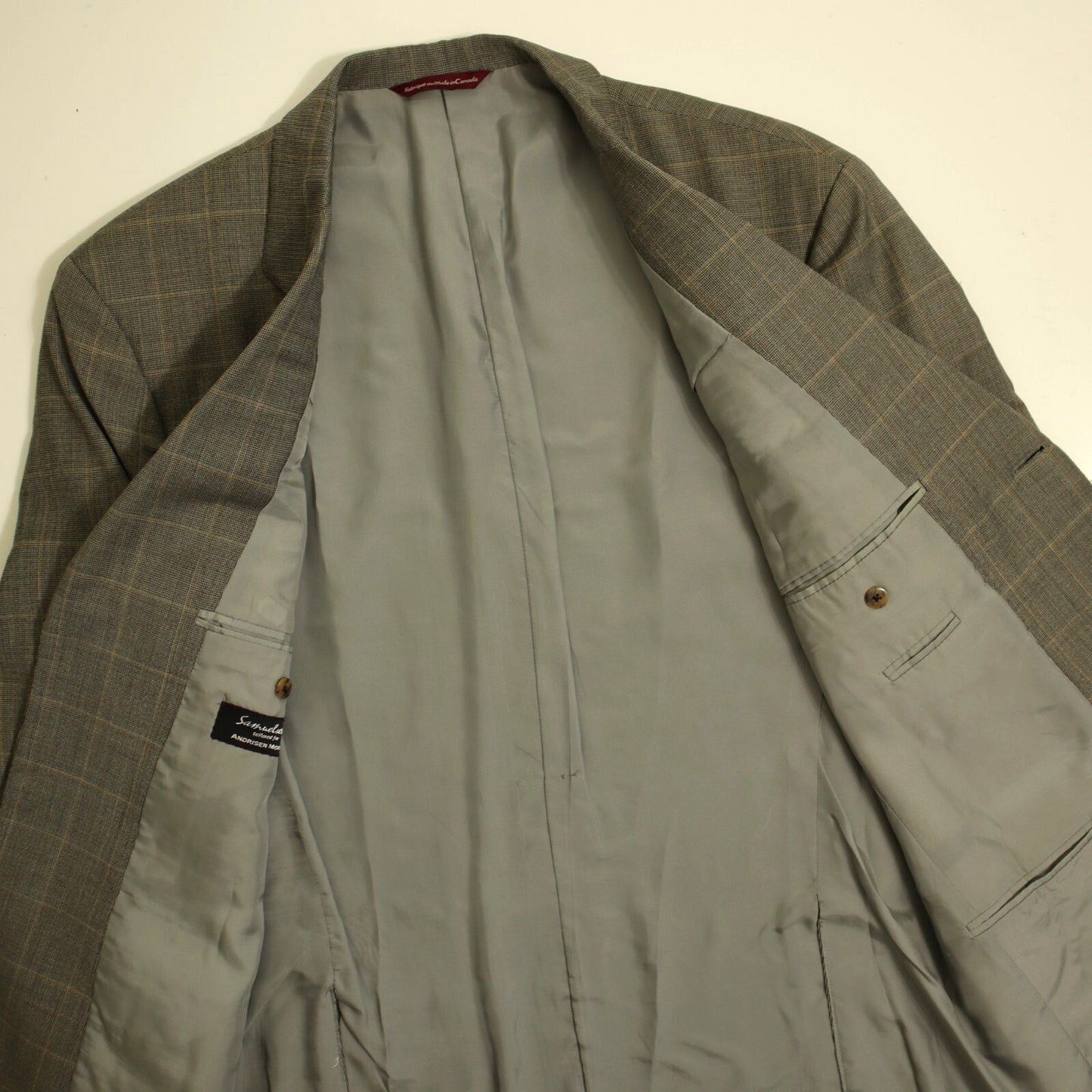 Tailored Samuelsohn 2 Piece Suit 42R Gray Windowpane Super 120s Wool Double Vent